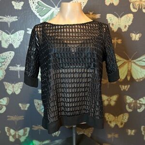 Banana Republic Black Mesh Women's Top Elbow Sleeve Boat Neck